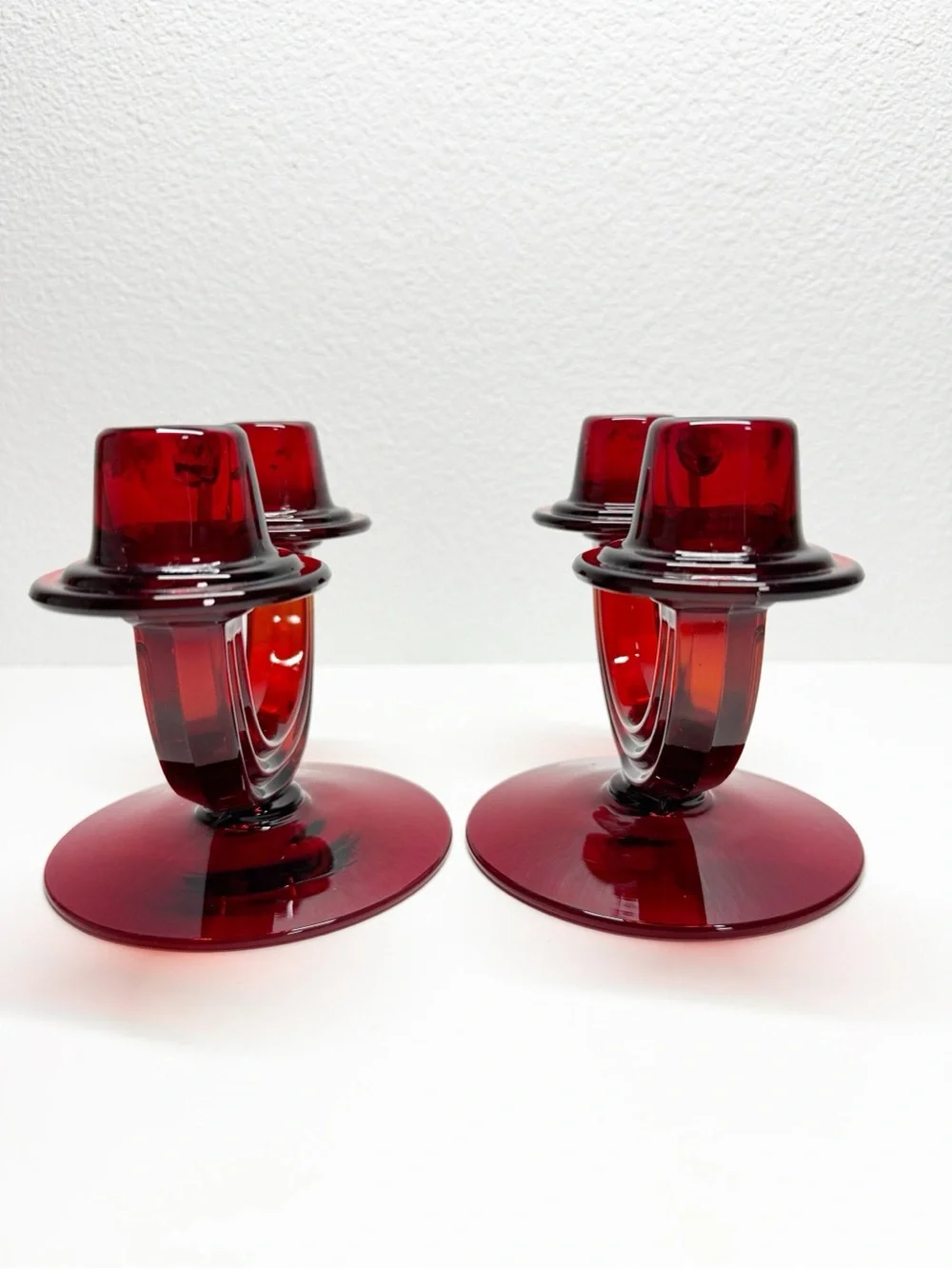 Rare 30s Vintage Fostoria Ruby Red Duo Art Deco Taper Candle Sticks Pair